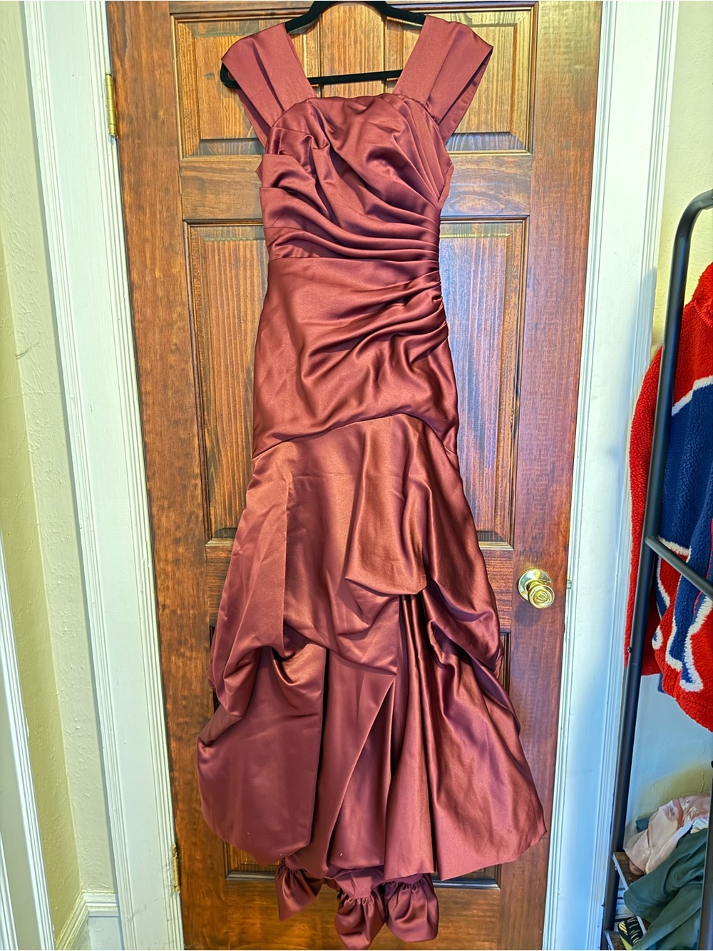 Impressions Burgundy Satin Prom Gown